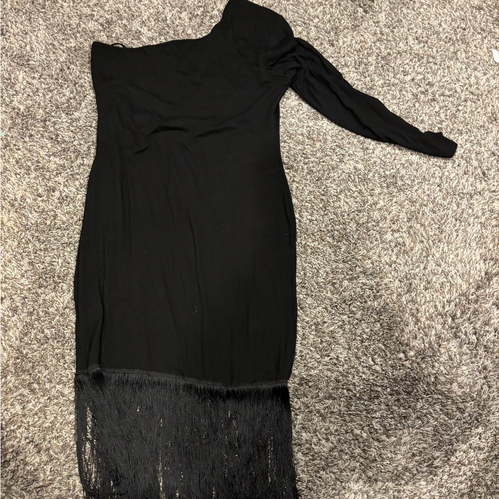SHEIN Black One-Shoulder Dress with Fringe